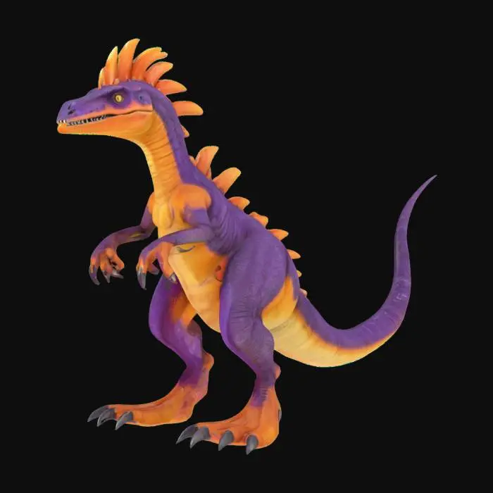 3D model for Crylophposaurus, an antarctic theropod dinosaur, carnivore, with mohawk like crest on its head, big head with sharp teeth, two strong legs, pair of strong arms with claws and long tail, orange and purple scales, big, good symethry, good proportions, high detail, 4k textures