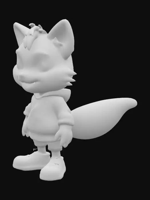 3D model for "A cheerful, colorful cartoon fox named Zippy with big round eyes, soft orange fur with cream-colored paws and belly, and a big fluffy tail that curls at the tip like a candy cane. Zippy wears a bright blue hoodie with a yellow lightning bolt symbol on the chest, oversized red sneakers, and a fun backpack shaped like a rocket. The character has expressive eyebrows, a heart-shaped nose, and blush on the cheeks for cuteness. Zippy is waving one paw and smiling with tiny white teeth, standing on one foot in a playful pose. The style is smooth, 3D, vibrant, and similar to Pixar or DreamWorks characters. Background should be plain or softly colorful to keep focus on the character. Suitable for children’s animation, toys, and mobile apps."