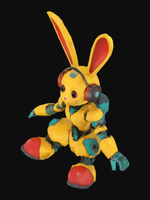 3D model for A futuristic, humanoid bunny robot sitting calmly, with a large rounded head and long mechanical ears, featuring oversized expressive eyes. The robot is heavily stylized with a mix of retro and cyberpunk aesthetics, including visible screws, metal plates, and exposed joints. Its outer body is painted in worn-out, vibrant colors — mainly yellow, red, and teal — covered with random street-style graffiti, scratches, and rust patches, giving it an urban, rebellious vibe. It wears large, retro-futuristic headphones, enhancing its personality. The lighting is bright and clean, with high detail and sharp focus, showing every imperfection on its metallic body, like scuffs, faded paint, and smudges. stand in A-pose