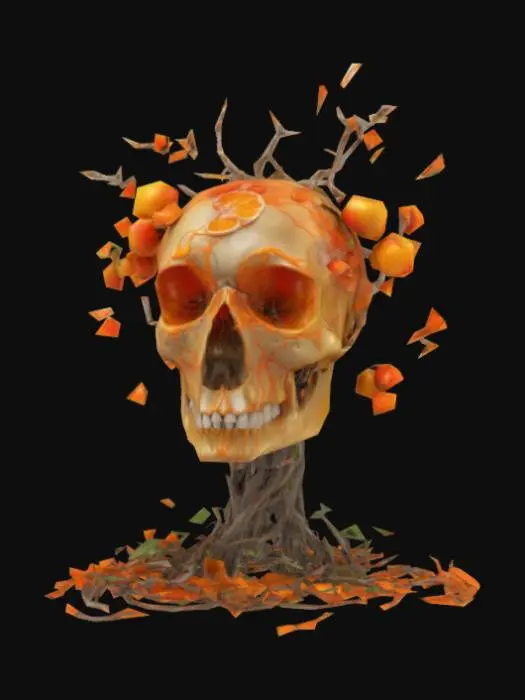 3D model for A surreal, detailed digital artwork of a human skull blended with organic and botanical elements. The skull is cracked and bursting with vibrant orange and white tendrils, resembling splashes or coral-like growths, creating a sense of dynamic energy. Tree-like branches extend from the top, decorated with glossy apples and citrus slices. The expression of the skull is dramatic, showing clean white teeth, with orange slices placed around the eye area. Below, broken citrus wedges and fruit fragments form a chaotic yet artistic base. Warm autumn tones—orange, red, and yellow—contrast with pale bone-like textures. A soft beige background highlights the surreal mix of nature, decay, and abstract life. The style combines digital sculpture with abstract surrealism and fluid motion frozen in time.