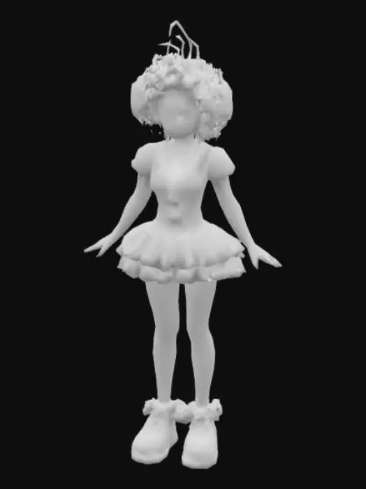 3D model for Create a highly detailed, stylized 3D model of a whimsical, elegant clown with a surreal, fashion-forward vibe. The character has a slender silhouette, curly afro with a vibrant floral crown, porcelain skin, bold makeup with a red clown nose. Dress them in a colorful, vintage circus outfit: puffed sleeves, patterned bodice with gold buttons, layered rainbow ruffle skirt, striped patchwork tights, and platform shoes with oversized bows. Focus on rich textile textures, stitching, and subtle fabric wear for realism. it standing in A-pose
