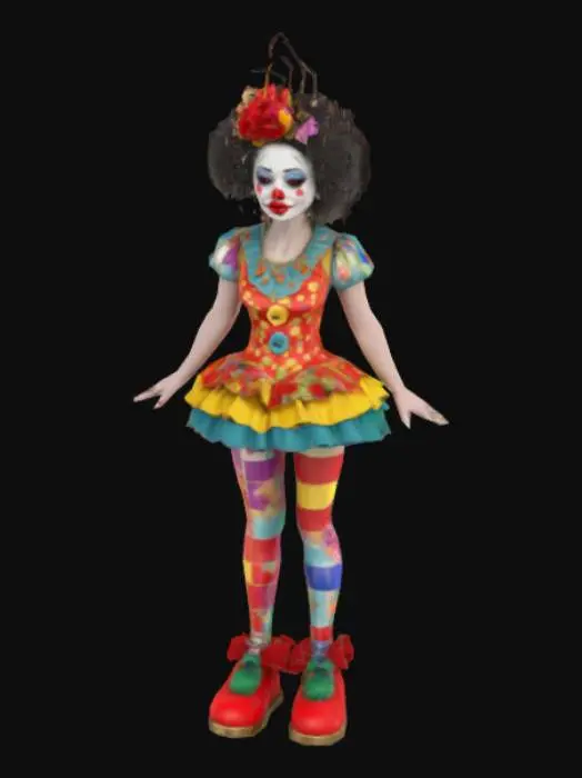 3D model for Create a highly detailed, stylized 3D model of a whimsical, elegant clown with a surreal, fashion-forward vibe. The character has a slender silhouette, curly afro with a vibrant floral crown, porcelain skin, bold makeup with a red clown nose. Dress them in a colorful, vintage circus outfit: puffed sleeves, patterned bodice with gold buttons, layered rainbow ruffle skirt, striped patchwork tights, and platform shoes with oversized bows. Focus on rich textile textures, stitching, and subtle fabric wear for realism. it standing in A-pose

