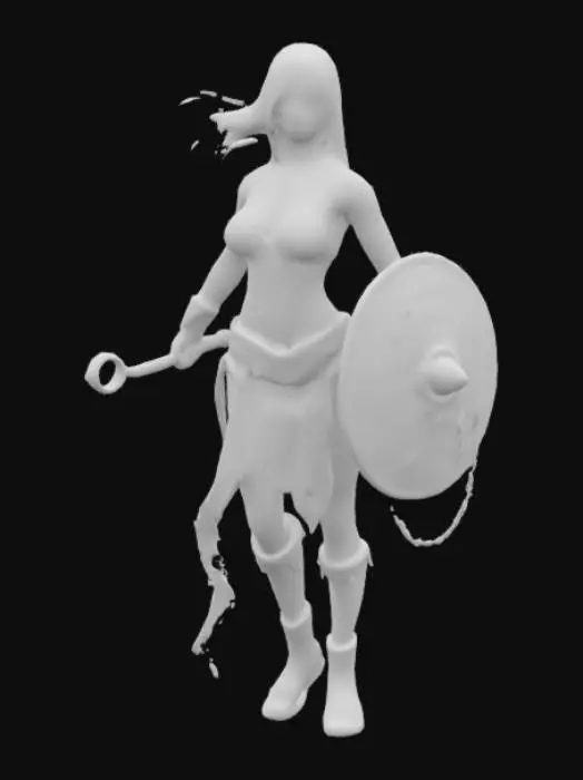 3D model for fantasy greek female humanoid creature, graceful and strong body curves, dressed in forged chains, holding a metal fan as a weapon, extremely detailed, high resolution texture, epic stance