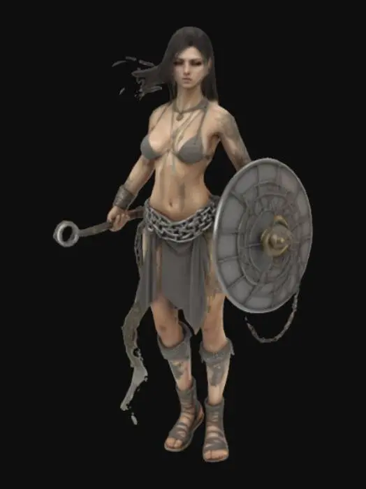 3D model for fantasy greek female humanoid creature, graceful and strong body curves, dressed in forged chains, holding a metal fan as a weapon, extremely detailed, high resolution texture, epic stance