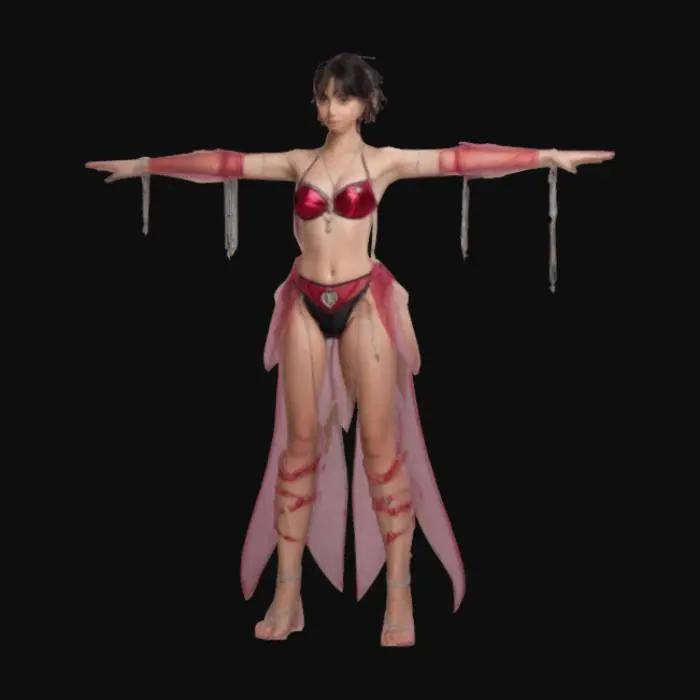 3D model for A beautiful girl in a simple T-pose, full-body — Clementine Valentinian from Overlord — lean, athletic build with visible muscle tone, pale skin with faint dark veins showing her undead nature. Sharp, angular facial features, high cheekbones, golden slit-pupil eyes with a cold stare. Short, messy black hair with uneven bangs. Worn and brutal armor: dented steel chestplate, bloodstained greaves, scratched gauntlets. Leather straps and torn cloth hang loosely. Blood and battle damage emphasize her violent past. Arms extended in T-pose, neutral expression. Minimal background, dark fantasy concept art, highly detailed, game character design.