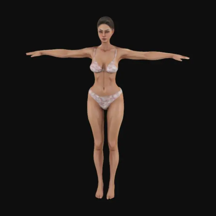 3D model for The woman is depicted in a T-pose. Her face is rendered with high realism, featuring expressive lips and a well-defined, natural-looking nose. She has an athletic build, showcasing visible muscle tone and overall fitness, while maintaining a classic hourglass silhouette. This body shape is characterized by a well-proportioned upper and lower body with a narrow, defined waist. Her appearance combines a curvy figure with a strong, sculpted physique, highlighting both elegance and athleticism. She is styled with glamorous, crystal-accented accessories, including a sparkling jewelry set, a decorative waist chain, and intricately designed embellishments. The scene is captured in ultra-realistic 8K detail, emphasizing lifelike skin textures and a sophisticated, polished look. #beautiful#
