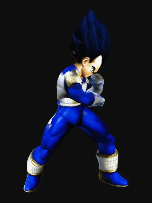 3D model for Create a realistic 3D model of Vegeta from Dragon Ball Z, keeping his original design: spiky black hair, blue and white Saiyan armor with golden accents, white gloves, and boots. Use lifelike textures for skin, fabric, and metallic details, with a stern expression and determined eyes. Maintain the anime's essence with realistic lighting.
