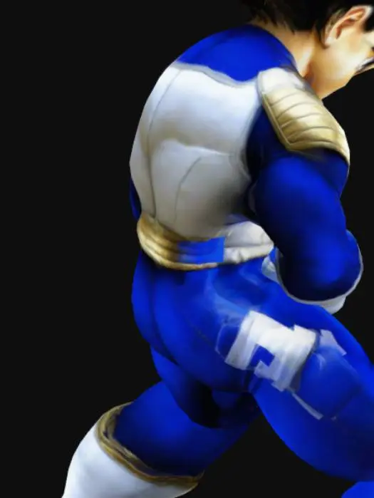 3D model for Create a realistic 3D model of Vegeta from Dragon Ball Z, keeping his original design: spiky black hair, blue and white Saiyan armor with golden accents, white gloves, and boots. Use lifelike textures for skin, fabric, and metallic details, with a stern expression and determined eyes. Maintain the anime's essence with realistic lighting.
