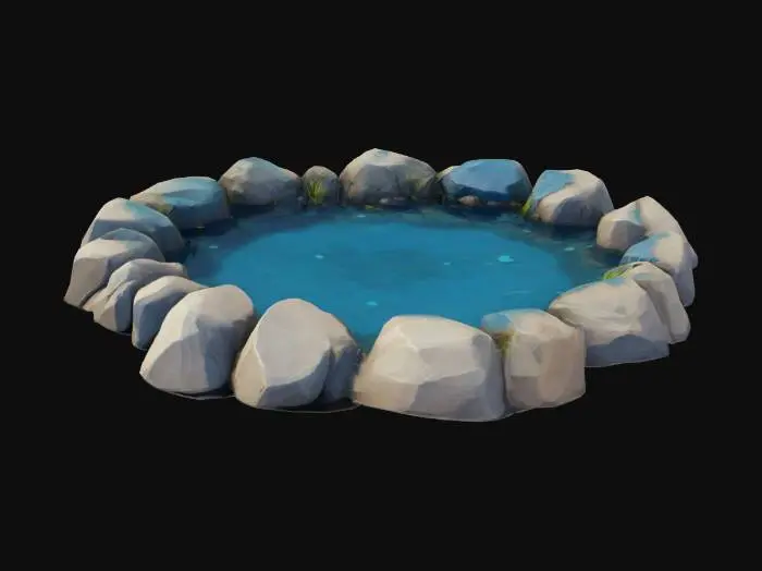 3D model for small rocks surround a central circular shaped blue pond. Natural colors, Gentle, cartoonish, Game Assets, World of Warcraft, low poly