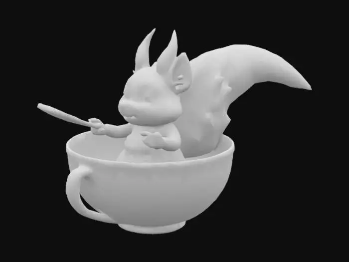3D model for A tiny squirrel wearing an apron, holding a mini wooden spoon, riding on a teacup like a boat — wide sparkling eyes, fluffy tail flowing in the air, fantasy cartoon style, sitting beside the chubby dragon chef — 3D character design with soft lighting and textured details.