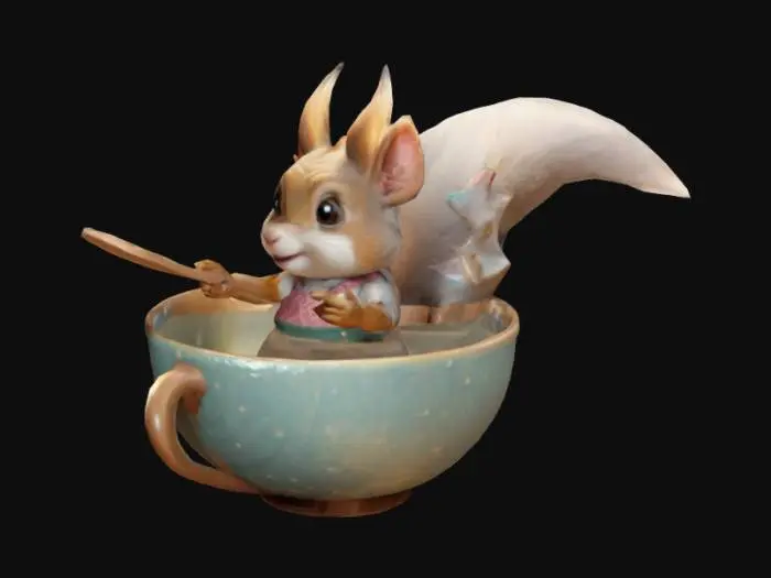 3D model for A tiny squirrel wearing an apron, holding a mini wooden spoon, riding on a teacup like a boat — wide sparkling eyes, fluffy tail flowing in the air, fantasy cartoon style, sitting beside the chubby dragon chef — 3D character design with soft lighting and textured details.