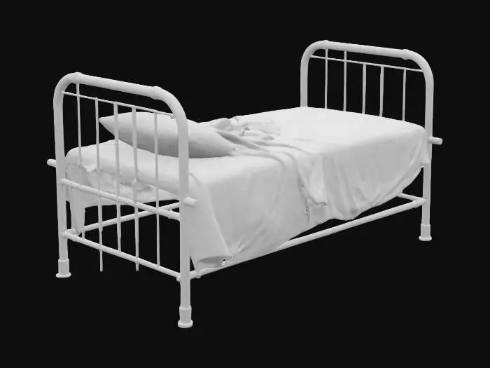 3D model for A grimy hospital bed features a severely rusted metal frame, displaying patches of dark brown and orange corrosion that flake slightly to the touch. Its thin, worn mattress is discolored with large, uneven brown and yellowish stains, hinting at a coarse, unyielding texture. Crumpled white sheets, stiff with dried grime and faded to a dingy off-white, are draped haphazardly, revealing numerous wrinkles and subtle tears. The entire structure feels cold and neglected.
