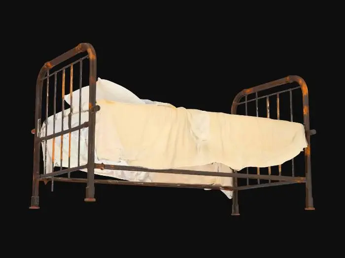 3D model for A grimy hospital bed features a severely rusted metal frame, displaying patches of dark brown and orange corrosion that flake slightly to the touch. Its thin, worn mattress is discolored with large, uneven brown and yellowish stains, hinting at a coarse, unyielding texture. Crumpled white sheets, stiff with dried grime and faded to a dingy off-white, are draped haphazardly, revealing numerous wrinkles and subtle tears. The entire structure feels cold and neglected.