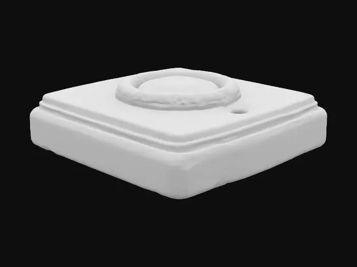 3D model for An old, partially broken nurse call button is composed of brittle, discolored off-white plastic, webbed with fine cracks that give it a rough, uneven texture. The central, worn red button, visibly scratched, houses a faint, sporadic flickering red LED light, suggesting internal damage. Its vintage, rectangular design with rounded edges feels dusty and fragile, its surfaces dulled by age and grime.