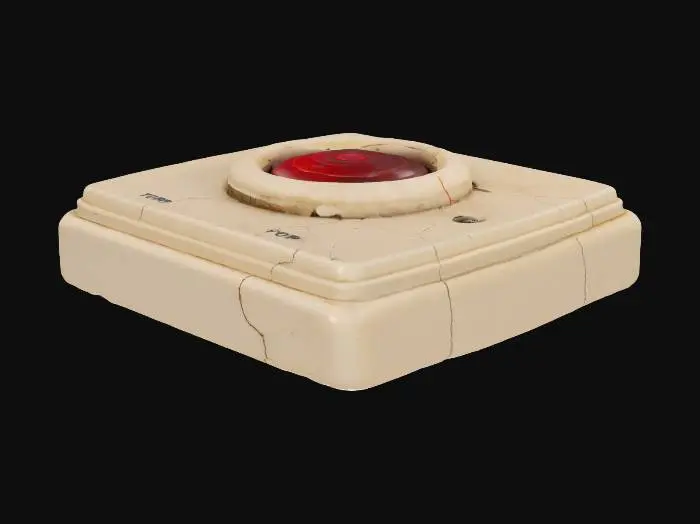 3D model for An old, partially broken nurse call button is composed of brittle, discolored off-white plastic, webbed with fine cracks that give it a rough, uneven texture. The central, worn red button, visibly scratched, houses a faint, sporadic flickering red LED light, suggesting internal damage. Its vintage, rectangular design with rounded edges feels dusty and fragile, its surfaces dulled by age and grime.