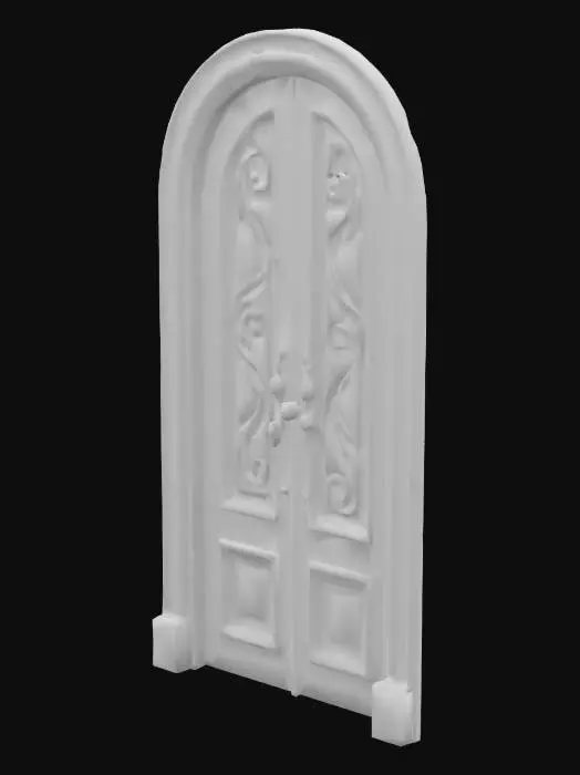 3D model for arched double wooden door with ornate black wrought-iron details and large iron hinges
