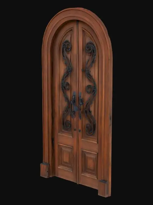 3D model for arched double wooden door with ornate black wrought-iron details and large iron hinges

