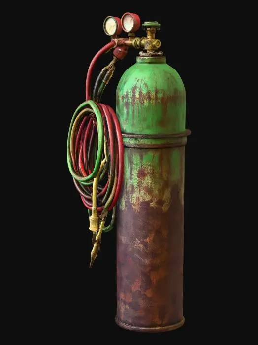 3D model for Rusty Green Oxygen Cylinder with Coiled Hoses
