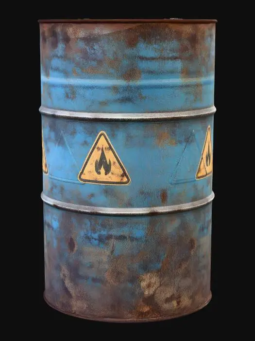 3D model for Rusty blue oil drum with warning symbols