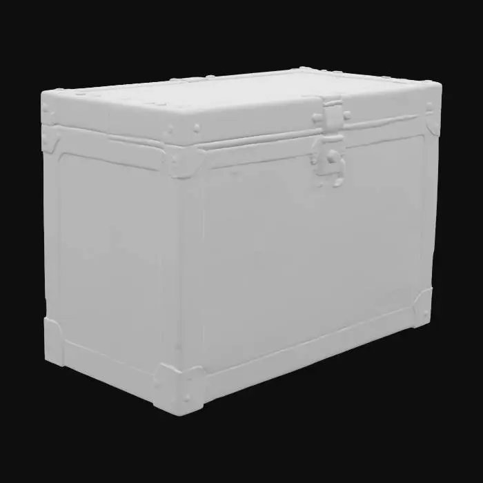 3D model for A damaged, rectangular metal crate, primarily dark grey with faded stenciled markings in white. Its surface is a mix of brushed steel and scuffed paint, showing deep gouges and rust spots along the edges and corners, indicating heavy use and exposure. The texture is coarse and uneven, with visible welds and rivets reinforcing its robust structure. A heavy, tarnished metallic clasp closure is prominent on the front, suggesting a secure but worn container.