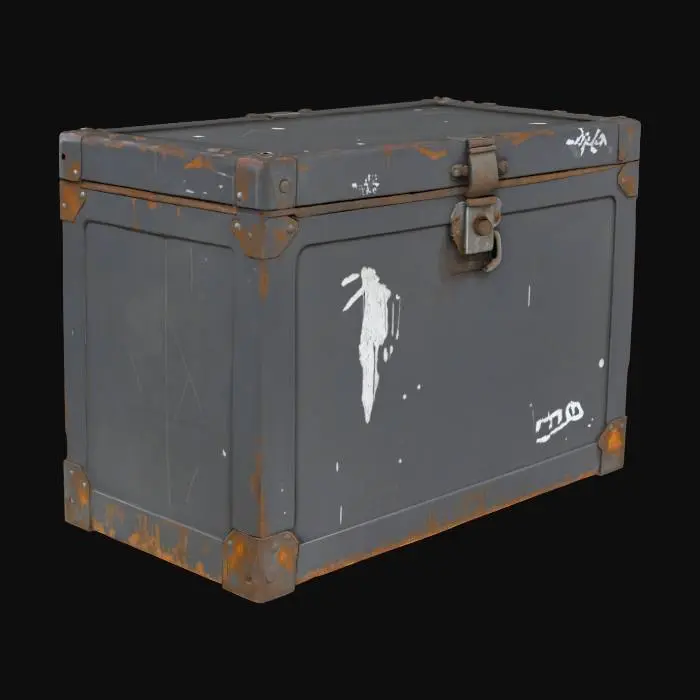 3D model for A damaged, rectangular metal crate, primarily dark grey with faded stenciled markings in white. Its surface is a mix of brushed steel and scuffed paint, showing deep gouges and rust spots along the edges and corners, indicating heavy use and exposure. The texture is coarse and uneven, with visible welds and rivets reinforcing its robust structure. A heavy, tarnished metallic clasp closure is prominent on the front, suggesting a secure but worn container.