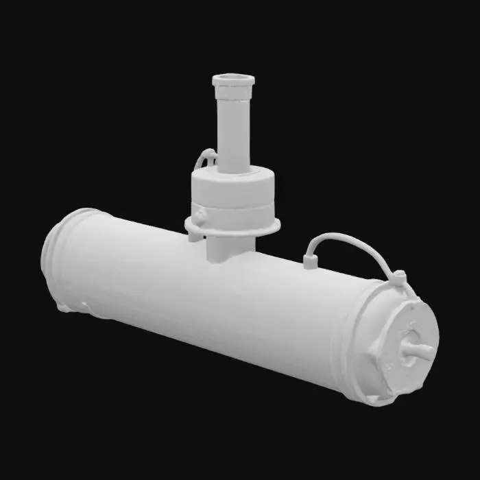 3D model for A broken ceiling-mounted fluorescent light hangs precariously, its elongated housing made of dull, oxidized metal that feels rough and uneven. Exposed wiring, thick with dust and brittle from age, dangles loosely from one side. The long, tubular glass cover is heavily soiled with an opaque layer of fine gray dust, giving it a gritty texture and diffusing the faint, erratic flicker of the light within, which casts an anemic, greenish glow.