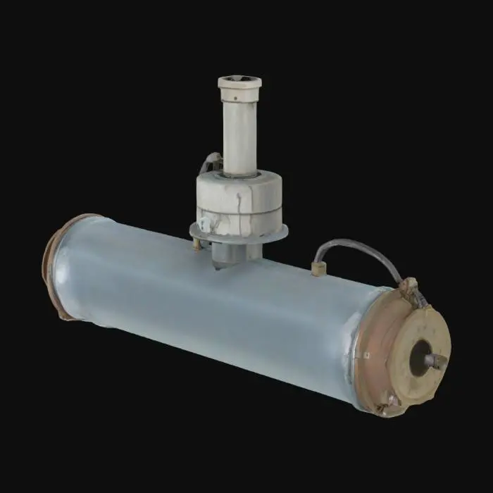 3D model for A broken ceiling-mounted fluorescent light hangs precariously, its elongated housing made of dull, oxidized metal that feels rough and uneven. Exposed wiring, thick with dust and brittle from age, dangles loosely from one side. The long, tubular glass cover is heavily soiled with an opaque layer of fine gray dust, giving it a gritty texture and diffusing the faint, erratic flicker of the light within, which casts an anemic, greenish glow.