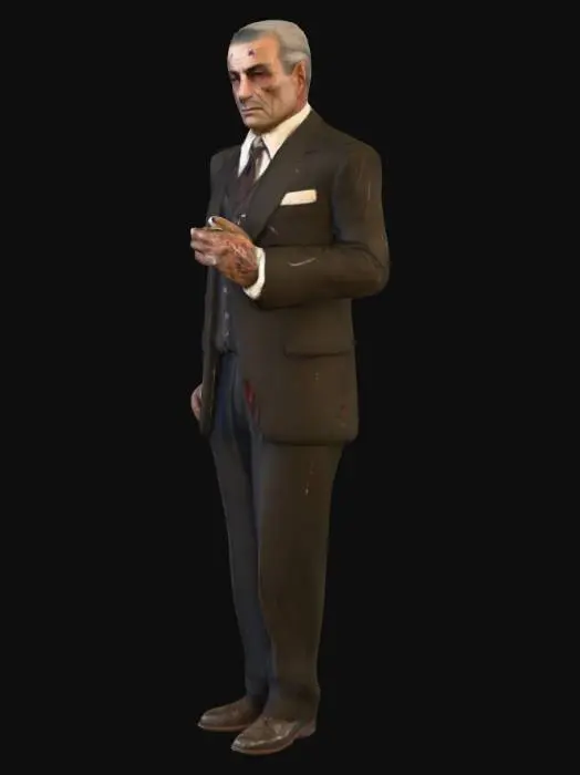 3D model for "Post-WWII Sicilian mafia don, 50s, weathered face with intersecting scars, impeccably tailored 1940s suit showing subtle wear at cuffs. Holding silver cigarette case in left hand while right hand adjusts bloodstained ledger in breast pocket. Dimly lit backroom setting with fabric samples and faded liberation posters. Style: hyperrealistic noir, cinematic rim lighting, texture emphasis on wool suit vs scar tissue."  