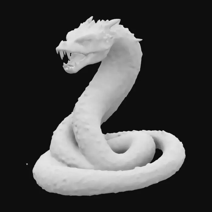 3D model for A towering, midnight-black serpent with glowing emerald eyes and venomous fangs. Its sleek scales shimmer with faint toxic highlights, swirling with dark magic. Coiled and predatory, it exudes primal power and ancient malevolence, embodying lethal intent in serpentine form.