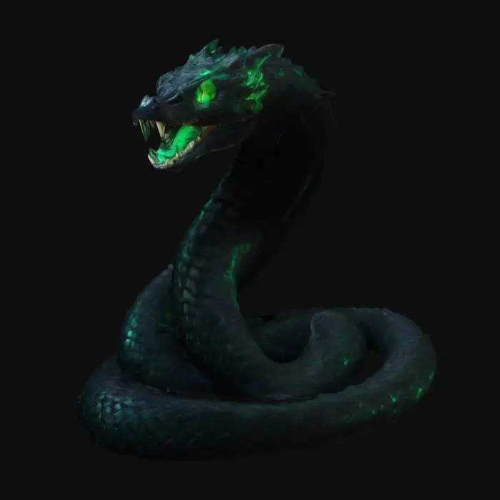 3D model for A towering, midnight-black serpent with glowing emerald eyes and venomous fangs. Its sleek scales shimmer with faint toxic highlights, swirling with dark magic. Coiled and predatory, it exudes primal power and ancient malevolence, embodying lethal intent in serpentine form.