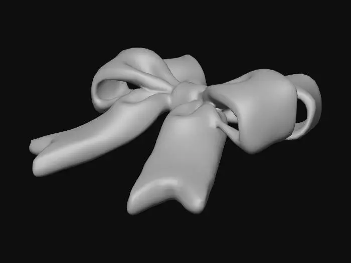 3D model for A top-down view of a festive bow sits perfectly centered against a pure white background, as if captured in high resolution for seamless use. The bow is large and full, crafted from rich satin ribbon with a deep crimson sheen that reflects soft light along its folds. Its surface has a delicate gloss—just enough to catch the light without glare—revealing subtle texture in the woven fibers.

Five evenly spaced loops form the main body of the bow, wrapped tightly at the center with a thin silver wire that twists neatly into place. Each loop maintains crisp symmetry, slightly curled at the edges to suggest hand-tying and natural variation. Two large tails extend outward beneath it—one dipping slightly lower than the other—for an organic yet balanced look.