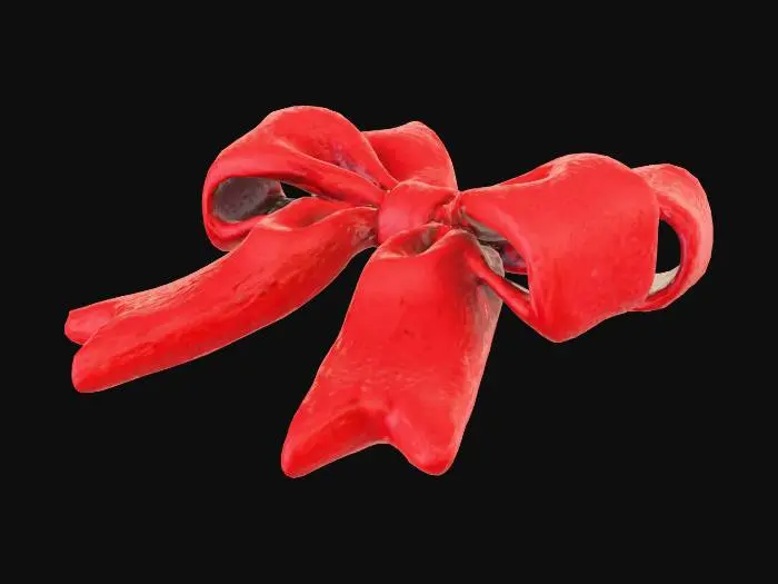 3D model for A top-down view of a festive bow sits perfectly centered against a pure white background, as if captured in high resolution for seamless use. The bow is large and full, crafted from rich satin ribbon with a deep crimson sheen that reflects soft light along its folds. Its surface has a delicate gloss—just enough to catch the light without glare—revealing subtle texture in the woven fibers.

Five evenly spaced loops form the main body of the bow, wrapped tightly at the center with a thin silver wire that twists neatly into place. Each loop maintains crisp symmetry, slightly curled at the edges to suggest hand-tying and natural variation. Two large tails extend outward beneath it—one dipping slightly lower than the other—for an organic yet balanced look.