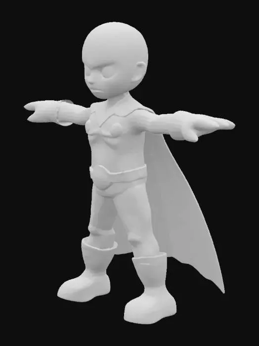 3D model for A character From One punch Man in a full body shot, 3D model, game character design, concept art in the style of 50's cartoon in a full-body shot. T-pose position. in the highly detailed, 3D render, hyper-realistic. He is poseing and standing in a tpose position and legs are slightly apart. 3D render, high resolution, high detail, high-quality textures.
