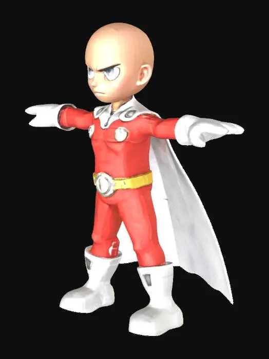 3D model for A character From One punch Man in a full body shot, 3D model, game character design, concept art in the style of 50's cartoon in a full-body shot. T-pose position. in the highly detailed, 3D render, hyper-realistic. He is poseing and standing in a tpose position and legs are slightly apart. 3D render, high resolution, high detail, high-quality textures.