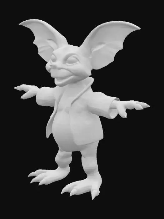 3D model for A hyper realistic Evil Gremlin character From the Movie Gremlins in a full body shot, 3D model, game character humanoid Gremlin design, concept art in the style of Urban night life the Gremlin is in a full-body shot. T-pose position. in the highly detailed, 3D render, hyper-realistic. The Gremlin is poseing and standing in a tpose position and legs are slightly apart. 3D render, high resolution, high detail, high-quality textures.