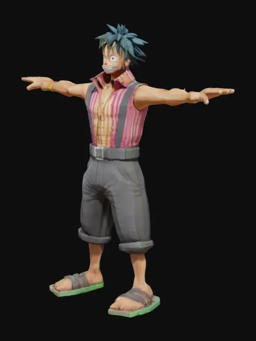 3D model for A character From the Show One Piece the Cartoon in a full body shot, 3D model, game character design, concept art in the style of 50's cartoon in a full-body shot. T-pose position. in the highly detailed, 3D render, hyper-realistic. He is poseing and standing in a tpose position and legs are slightly apart. 3D render, high resolution, high detail, high-quality textures.