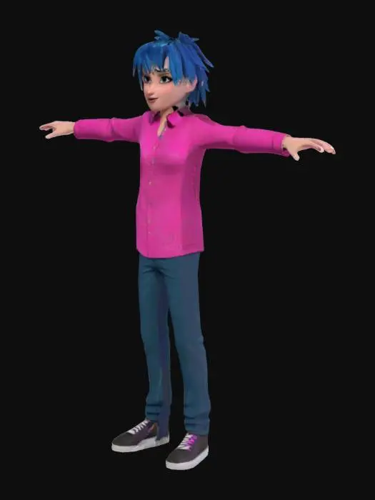 3D model for Animated Blue-Haired Character in T-Pose