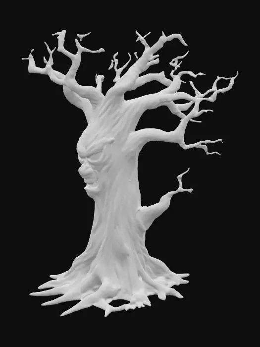 3D model for This tree is dark and as it’s mostly been burnt. In the trunk of the tree , the bark depicts features like as i& the bark is a face that is evil looking. The tree itself is suitable for fantasy art