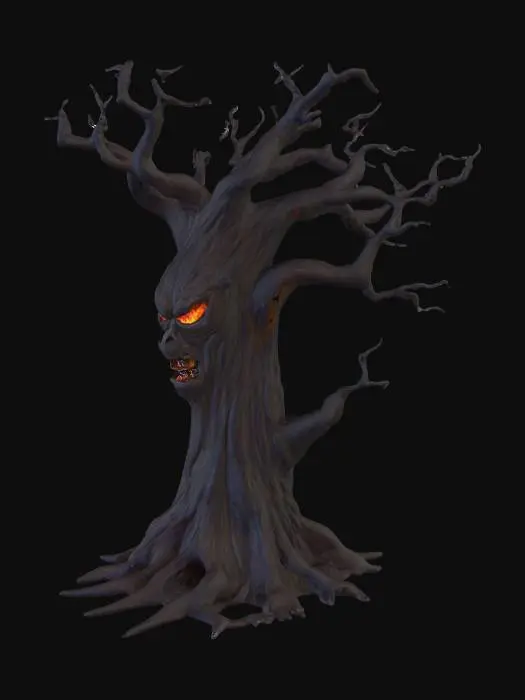 3D model for This tree is dark and as it’s mostly been burnt. In the trunk of the tree , the bark depicts features like as i& the bark is a face that is evil looking. The tree itself is suitable for fantasy art
