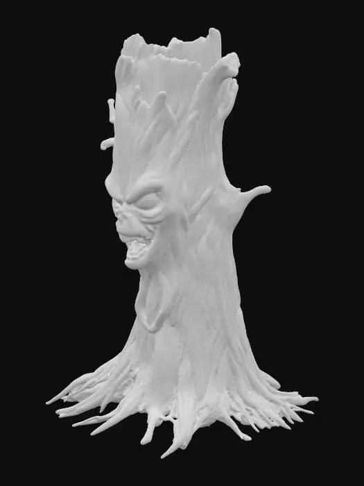3D model for This tree is dark and as it’s mostly been burnt. In the trunk of the tree , the bark depicts features like as i& the bark is a face that is evil looking. The tree itself is suitable for fantasy art