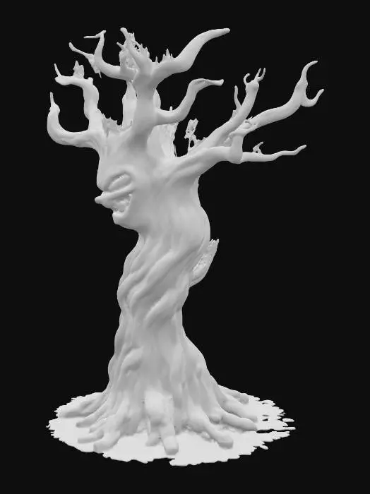 3D model for This tree is dark and as it’s mostly been burnt. In the trunk of the tree , the bark depicts features like as i& the bark is a face that is evil looking. The tree itself is suitable for fantasy art