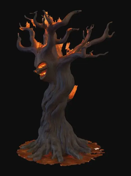 3D model for This tree is dark and as it’s mostly been burnt. In the trunk of the tree , the bark depicts features like as i& the bark is a face that is evil looking. The tree itself is suitable for fantasy art