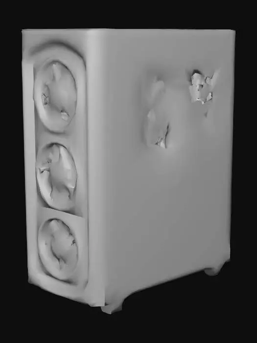 3D model for A gaming PC tower made entirely of glass and illuminated by colorful LED lights stands on a pure white background—a masterpiece of technology and lighting. The transparent side panel reveals components lit with neon-accented lights, emphasizing high-grade parts: a liquid-cooled CPU, high-speed RAM, and an impressive-looking motherboard. The black cable management trays and power supply shroud sit below the motherboard with perfect, clean wiring. A clear tempered glass front panel completes the minimalist look of the case, perfect for those who wish to show off internals for a gaming battlestation.