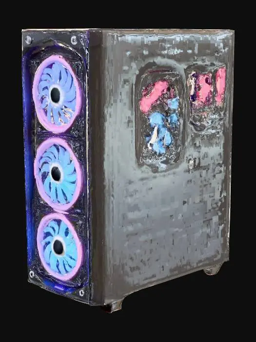 3D model for A gaming PC tower made entirely of glass and illuminated by colorful LED lights stands on a pure white background—a masterpiece of technology and lighting. The transparent side panel reveals components lit with neon-accented lights, emphasizing high-grade parts: a liquid-cooled CPU, high-speed RAM, and an impressive-looking motherboard. The black cable management trays and power supply shroud sit below the motherboard with perfect, clean wiring. A clear tempered glass front panel completes the minimalist look of the case, perfect for those who wish to show off internals for a gaming battlestation.