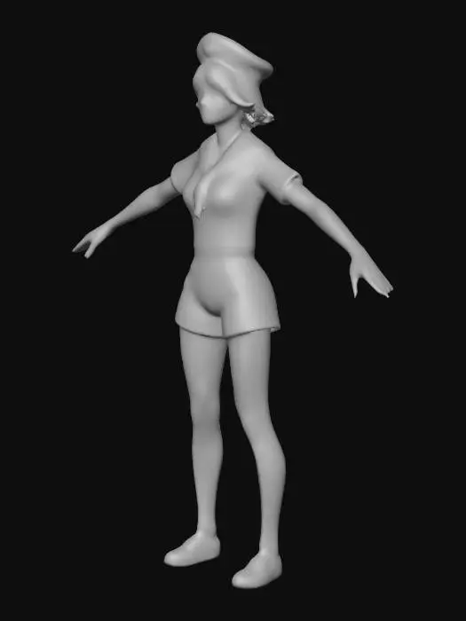 3D model for T-Pose .A vintage inspired female. She has brown curly hair, which is set in old Hollywood glamour style. She is wearing navy shorts with gold buttons. She has on high heels. She has on a short sleeved sailor top. She has in a little sailor hat. She has one leg lifted in a flirty manner. She has beautiful facial features and a big wide smile. She is wearing red lipstick.