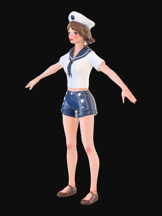 3D model for T-Pose .A vintage inspired female. She has brown curly hair, which is set in old Hollywood glamour style. She is wearing navy shorts with gold buttons. She has on high heels. She has on a short sleeved sailor top. She has in a little sailor hat. She has one leg lifted in a flirty manner. She has beautiful facial features and a big wide smile. She is wearing red lipstick.