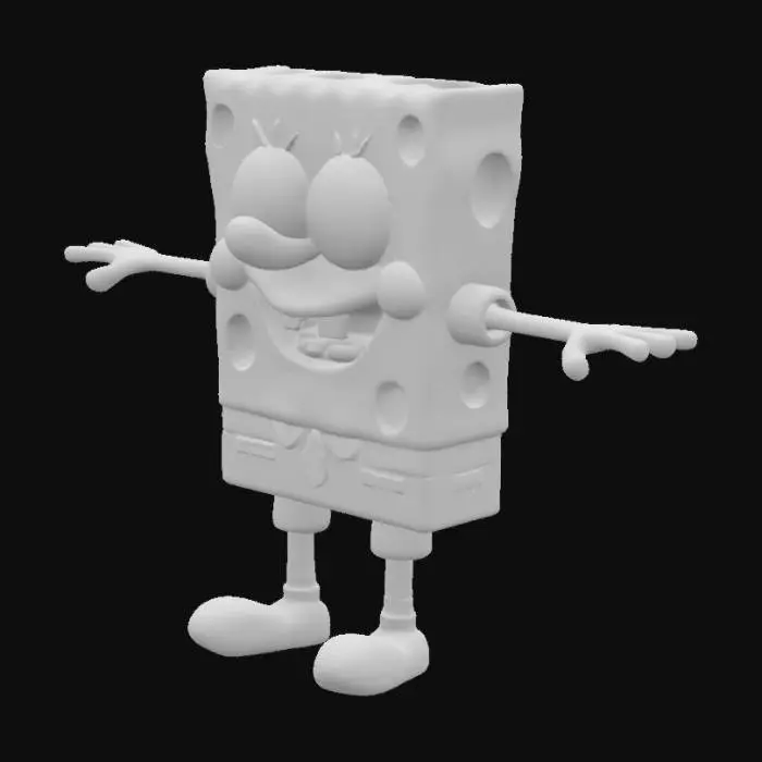 3D model for A character Sponge Bob character from cartoon. ultra high res textures. with Ultra details. He is hyper detailed skinny huminoid height, standing in a T-Pose, position. He is is standing straight with muscles and ars out to the side and legs and feet slightly apart posing in a tpose. and posing in a t-pose position. Ultra-detailed.