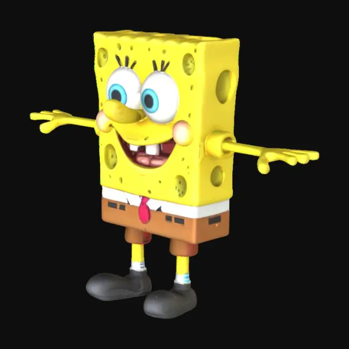 3D model for A character Sponge Bob character from cartoon. ultra high res textures. with Ultra details. He is hyper detailed skinny huminoid height, standing in a T-Pose, position. He is is standing straight with muscles and ars out to the side and legs and feet slightly apart posing in a tpose. and posing in a t-pose position. Ultra-detailed.