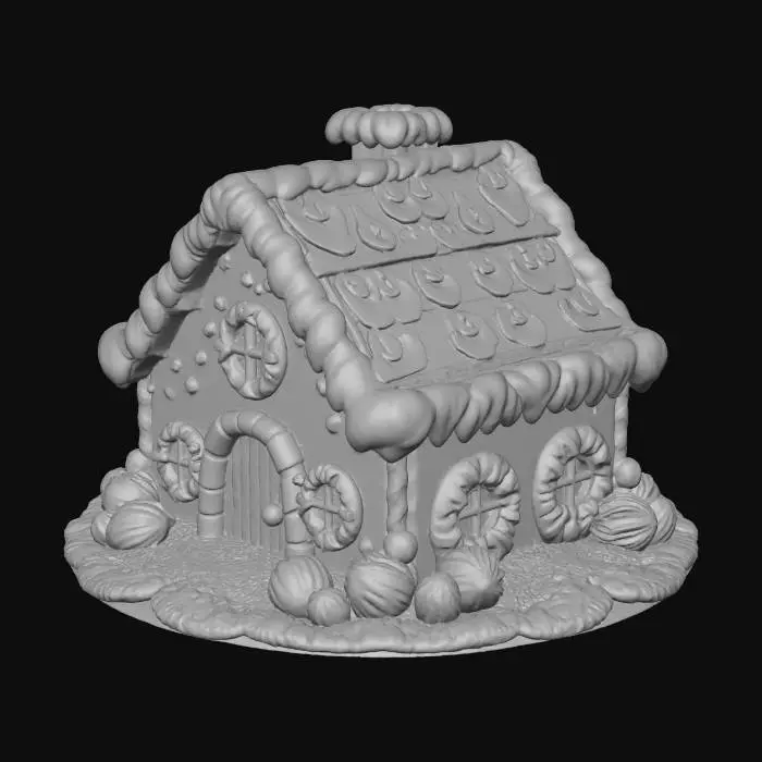 3D model for A gingerbread house consists of cookie walls that fit together to form a sturdy structure. A thick coating of icing serves as glue between the cookies as well as providing decoration to the outside of the building. Windows of sugar glass give the occupants a view of the outside and let natural light in. A chimney is a common feature at the center of the roof for the escape of smoke from a fireplace or oven inside of the house. Gingerbread houses are often made as centerpieces for the holiday season, and can be decorated in many ways with candies, frosting, and other treats.