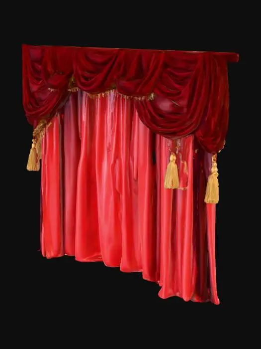 3D model for Kadife Perde
“Thick red velvet theater curtain hanging behind the stage, heavy folds, golden tassels on sides. Soft subsurface scattering effect under warm light. Fabric PBR with velvet roughness ~0.7, subtle dust particles. Do not include walls or rods beyond visible area.”